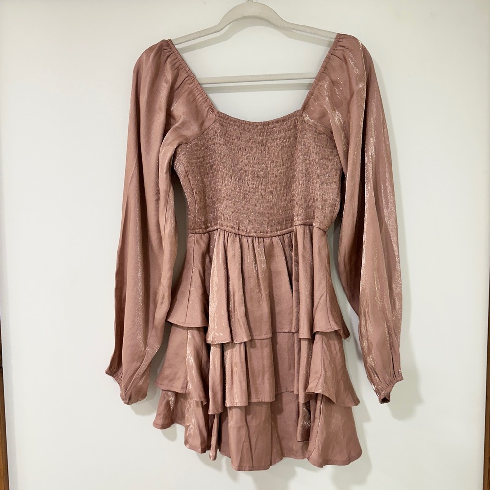 Entro Metallic Smocked Tiered Mini Dress Women Size L Rose Gold Puff Sleeve